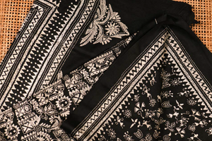 Black & White Silk Dupatta with Warli & Mixed Art in Kantha