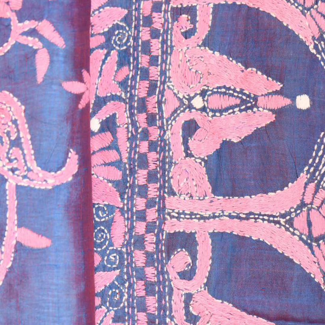 Blue Silk Saree with Pink & White Kantha embroidery