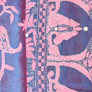 Blue Silk Saree with Pink & White Kantha embroidery