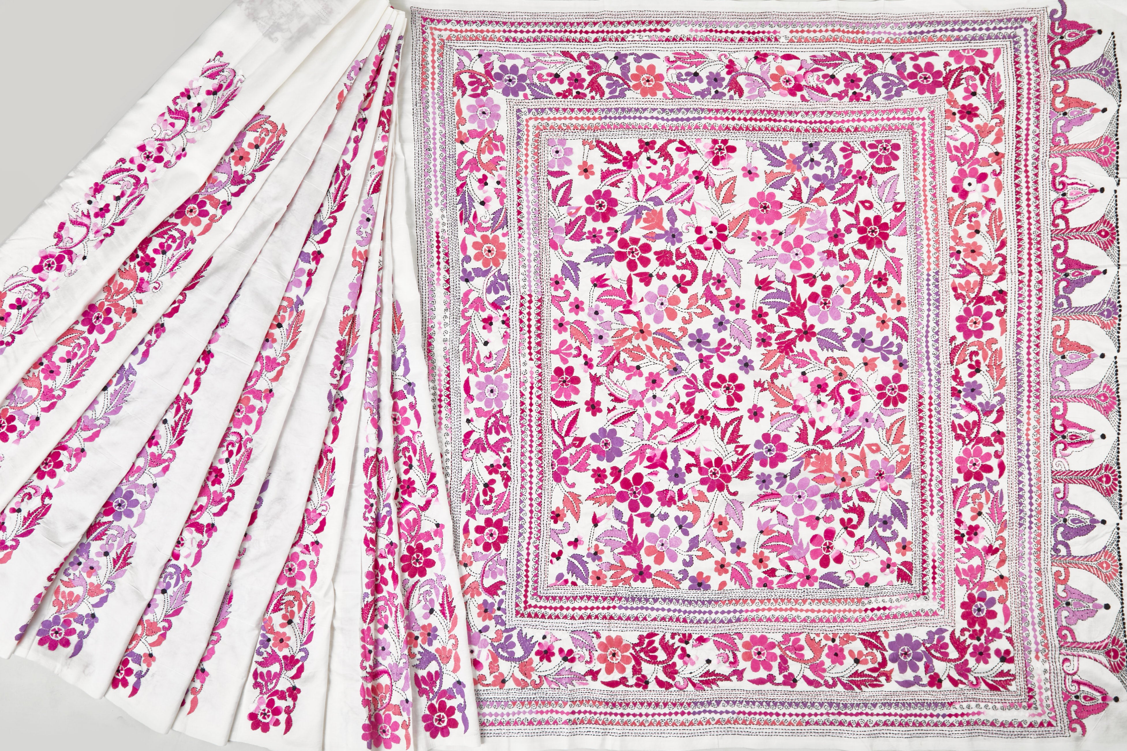 White Bangalore Silk with handcrafted Kantha motifs in shades of Pink