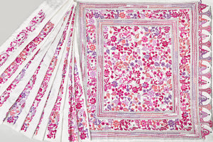 White Bangalore Silk with handcrafted Kantha motifs in shades of Pink