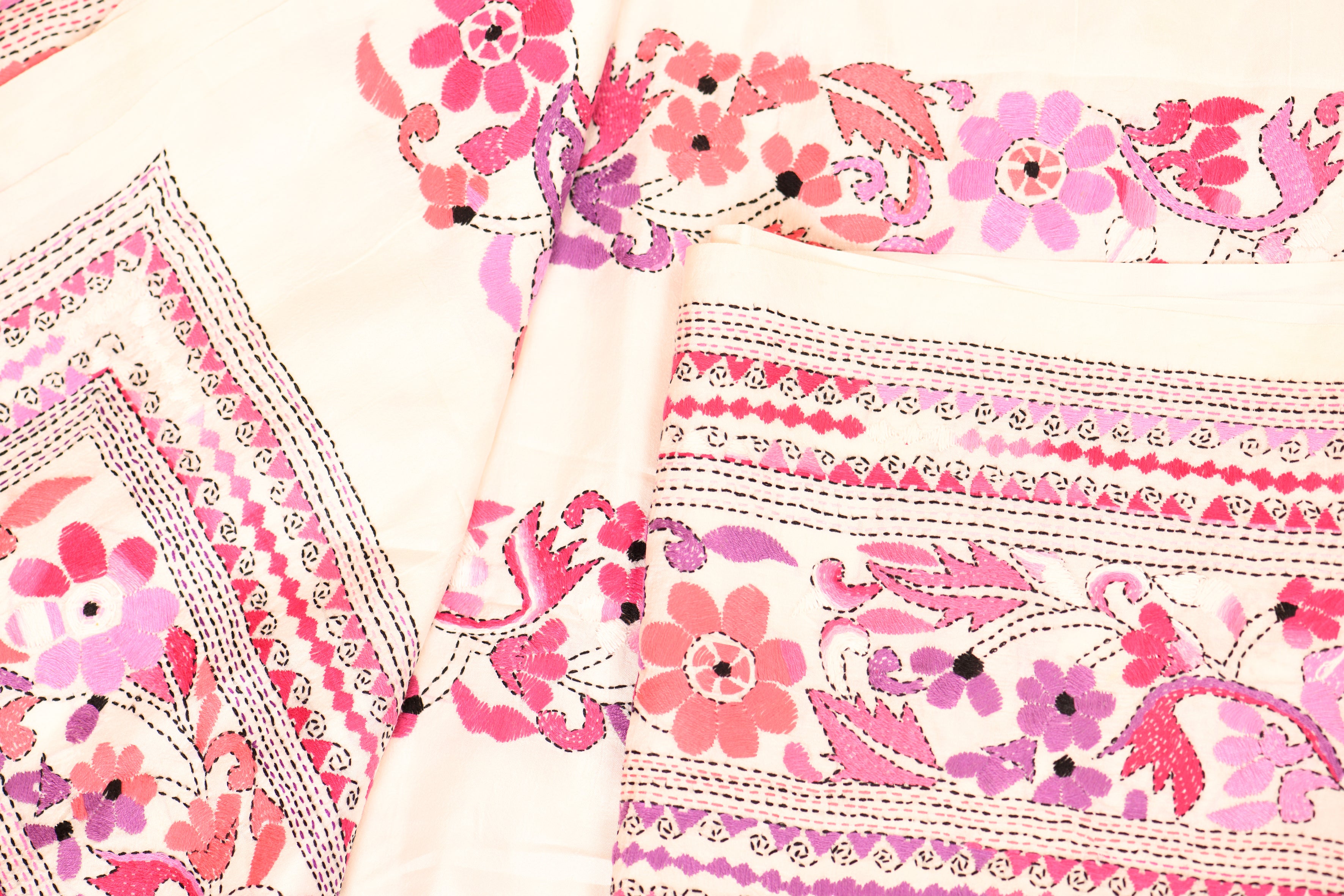 White Bangalore Silk with handcrafted Kantha motifs in shades of Pink