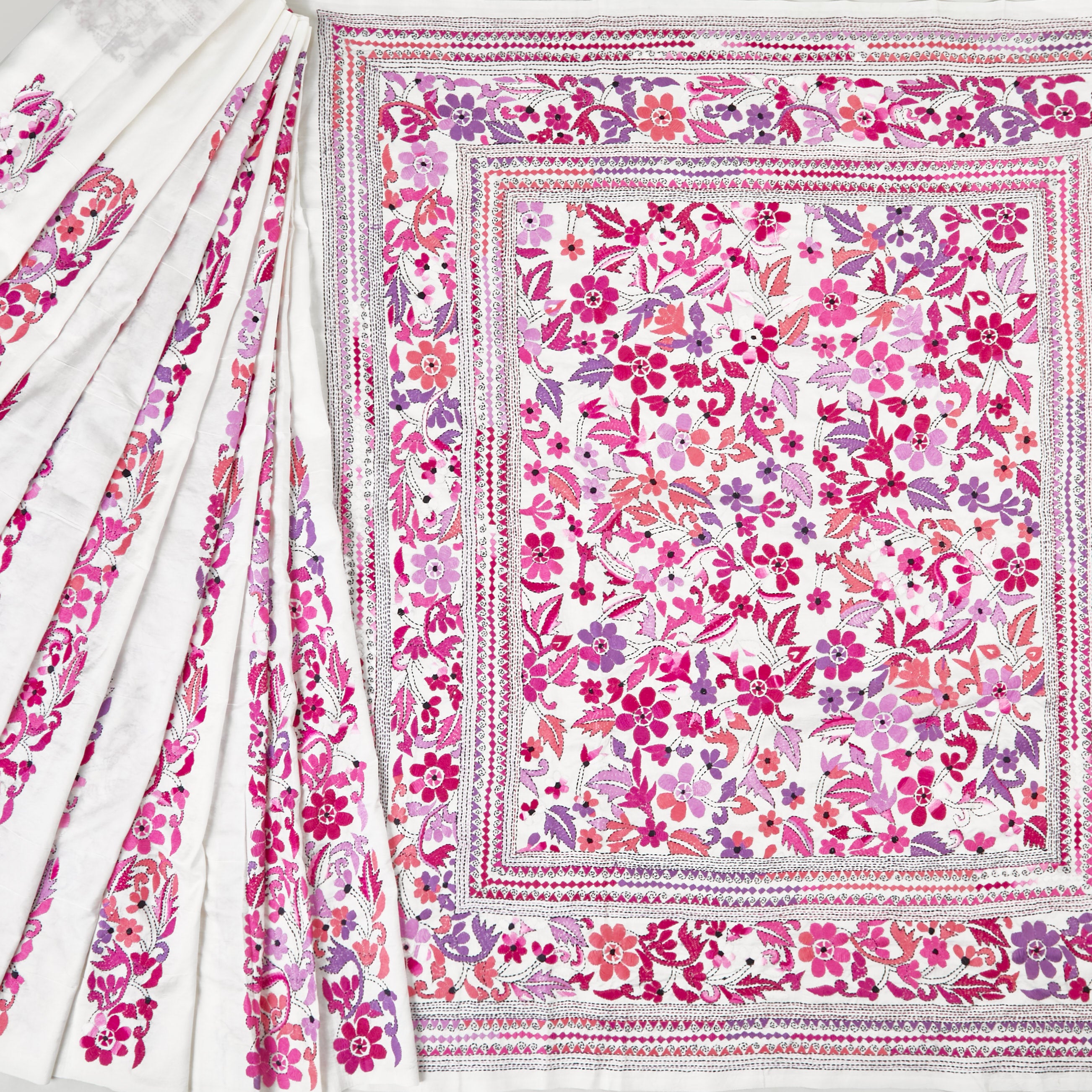 White Bangalore Silk with handcrafted Kantha motifs in shades of Pink