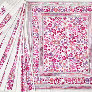 White Bangalore Silk with handcrafted Kantha motifs in shades of Pink