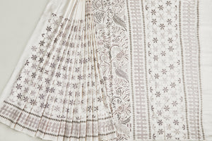 Soft White Bangalore Silk Saree in grey shades of nature-inspired motifs